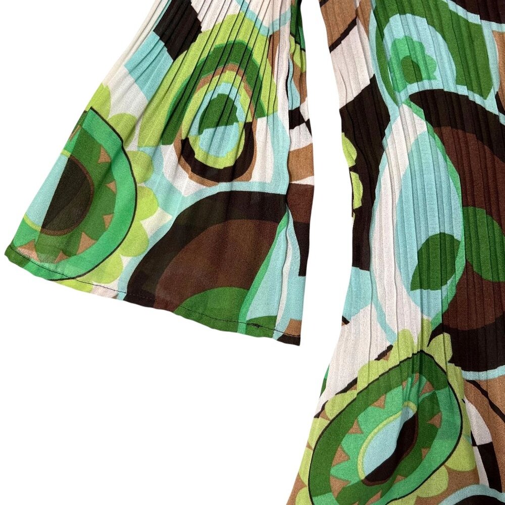 Allison Taylor Blouse Boho Hippie Green Abstract 3/4 Bell Sleeve Pleated Med Top - Picture 5 of 12